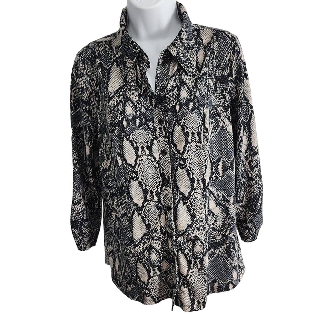 Dressbarn Size L Black & Tan Multi Print Polyester Blouse-VTG Look